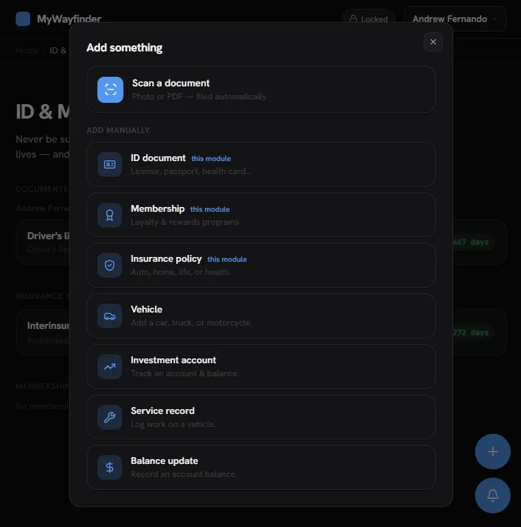 Zoey 'Add something' screen with a Scan a Document option, plus manual entry for ID documents, memberships, insurance policies, vehicles, investment accounts, service records, and balance updates.