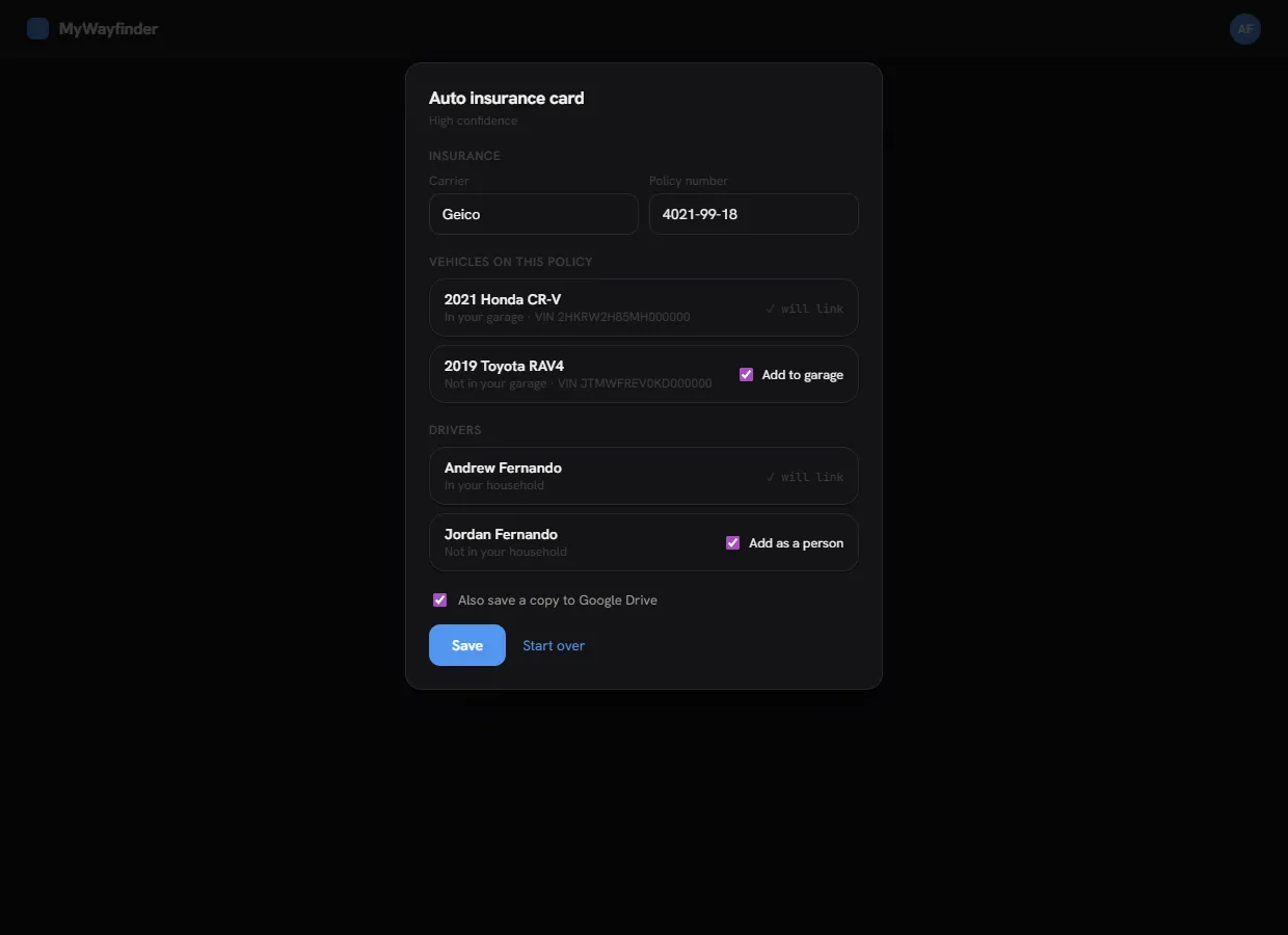 Zoey screen showing an auto insurance card scanned and read: carrier, policy number, vehicles, and drivers all pre-filled for review before saving.